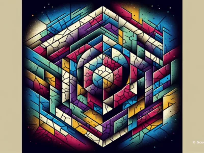 Scudo231: illustrazione geometrica multicolore con blocchi 3D e pattern tipo graffiti, linee sfumate e spruzzi di colore su sfondo scuro