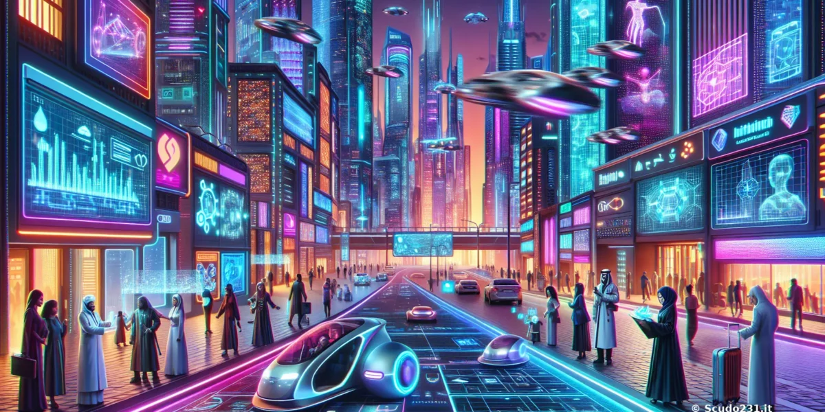 Scorci di una città futuristica neon con veicoli avanzati e schermi olografici sui grattacieli, tra persone e luci cibernetiche.