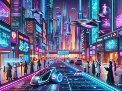 Scorci di una città futuristica neon con veicoli avanzati e schermi olografici sui grattacieli, tra persone e luci cibernetiche.
