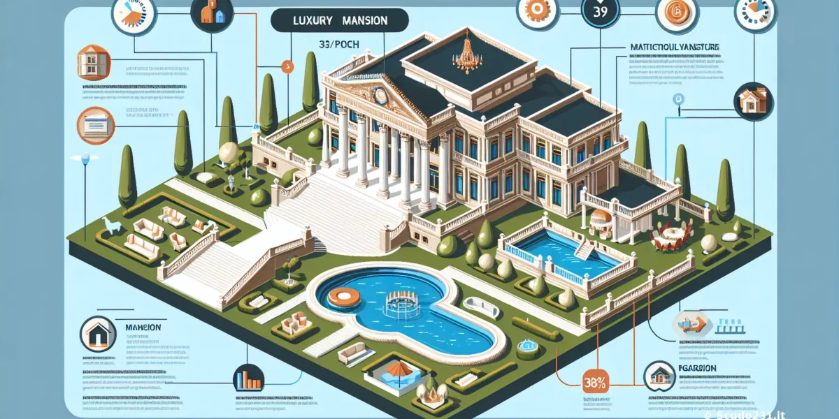 Illustrazione in stile infographic di una Luxury Mansion con piscina blu, giardino verde e dettagli bianchi, con icone e grafici esplicativi