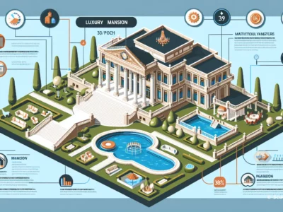Illustrazione in stile infographic di una Luxury Mansion con piscina blu, giardino verde e dettagli bianchi, con icone e grafici esplicativi