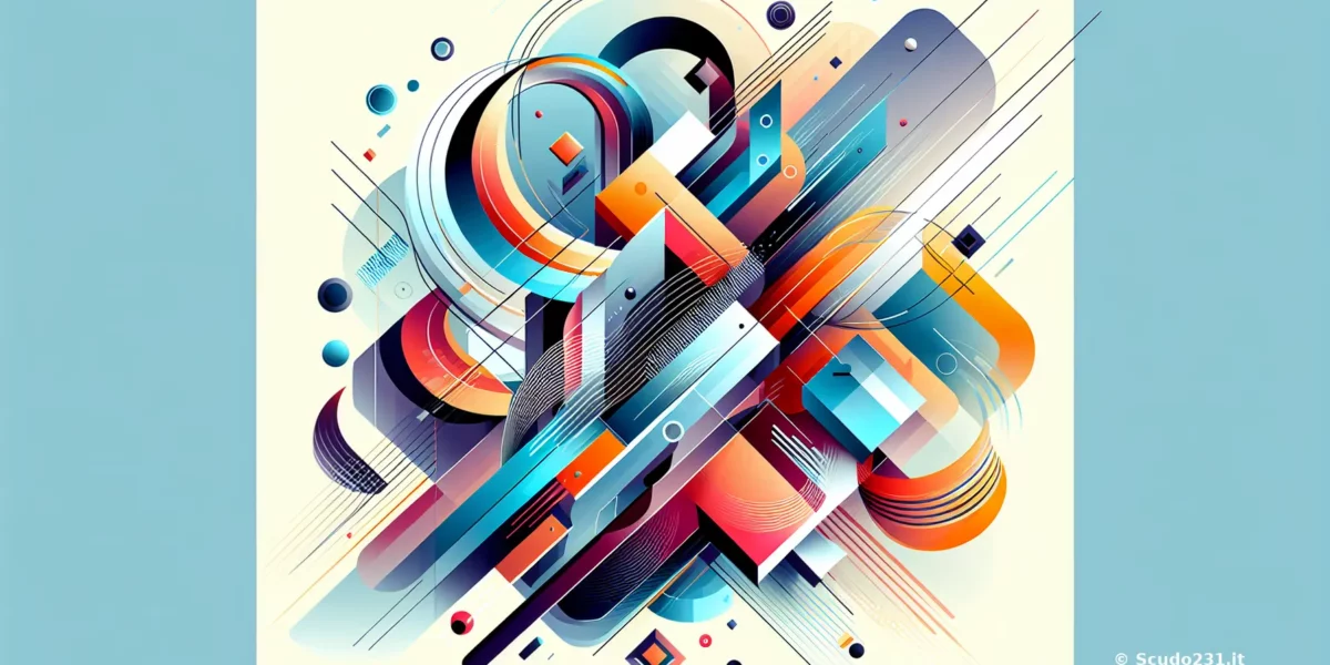 Elementi futuristici multicolori e forme astratte in stile digitale con simboli geometrici, in primo piano la dinamica visiva Scudo231