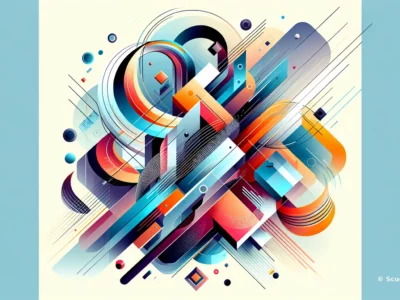 Elementi futuristici multicolori e forme astratte in stile digitale con simboli geometrici, in primo piano la dinamica visiva Scudo231