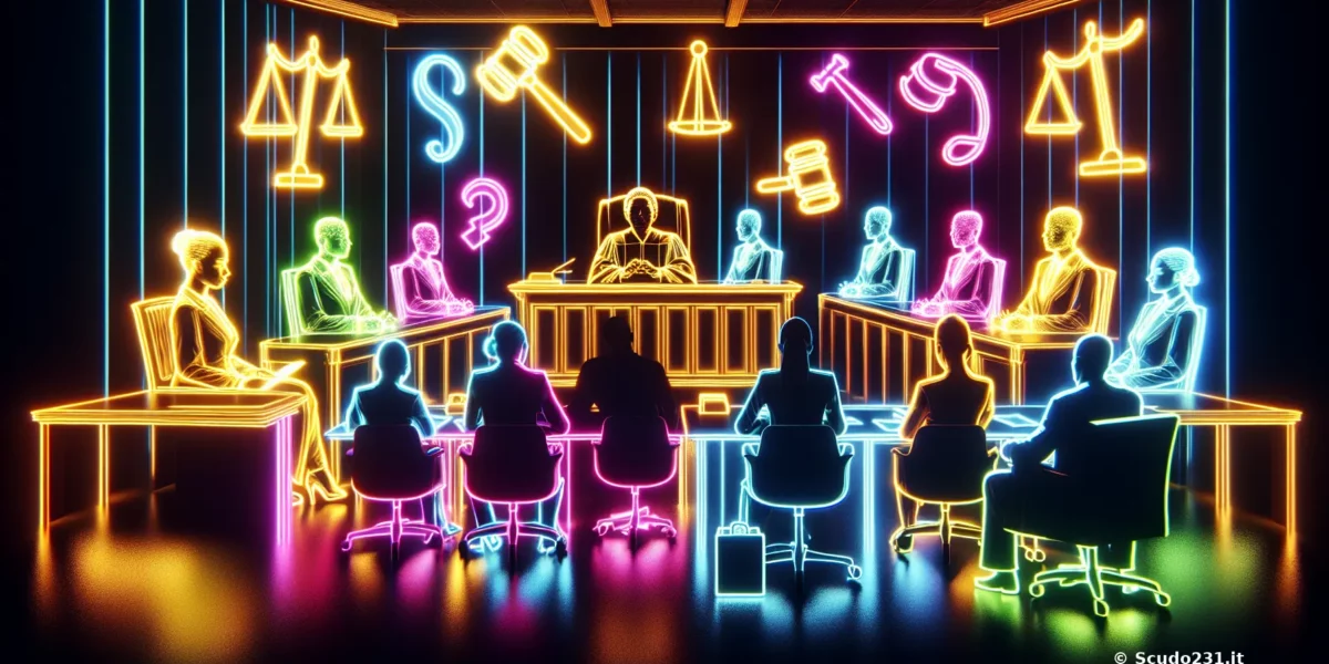 Tra luci al neon multicolore, simboli di bilancia e martello e sagome di persone in aula: Scudo231® richiama compliance e regole di governance.