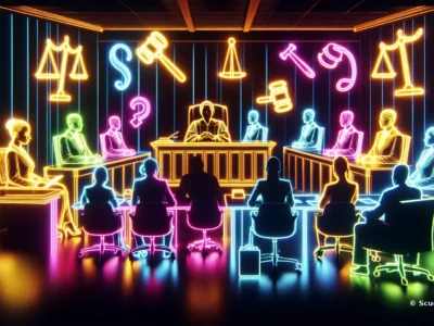 Tra luci al neon multicolore, simboli di bilancia e martello e sagome di persone in aula: Scudo231® richiama compliance e regole di governance.