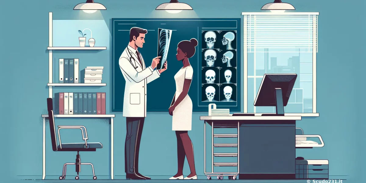 Illustrazione in studio medico: medico con camice bianco osserva una radiografia mentre una persona discute, con immagini anatomiche su monitor.