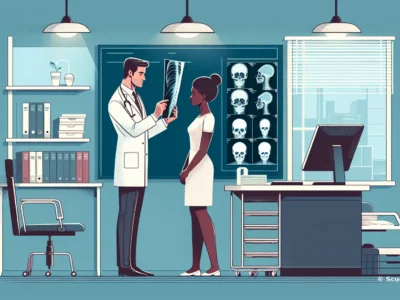 Illustrazione in studio medico: medico con camice bianco osserva una radiografia mentre una persona discute, con immagini anatomiche su monitor.