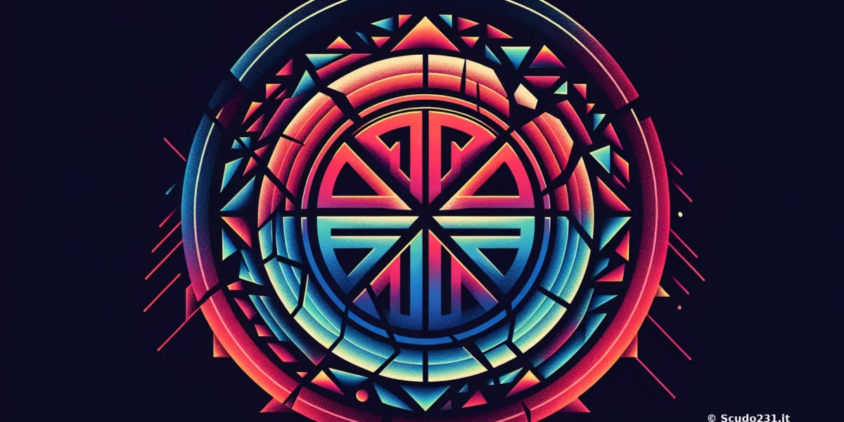 Composizione grafica circolare multicolore con motivo geometrico e segni astratti, firmata Scudo231®, su sfondo scuro.