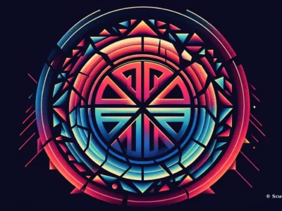 Composizione grafica circolare multicolore con motivo geometrico e segni astratti, firmata Scudo231®, su sfondo scuro.