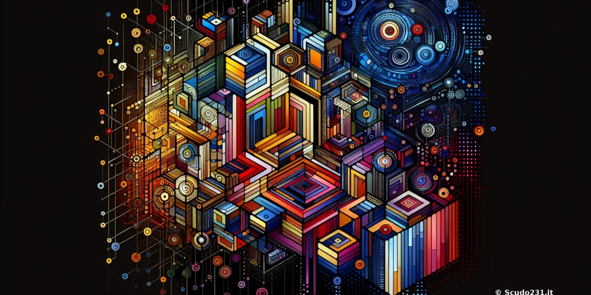 Illustrazione astratta Scudo231 con circuiti e ingranaggi digitali, colori vivaci e sfere luminose su sfondo nero con effetti tecnologici e connessioni