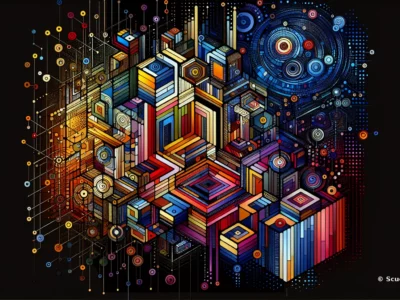 Illustrazione astratta Scudo231 con circuiti e ingranaggi digitali, colori vivaci e sfere luminose su sfondo nero con effetti tecnologici e connessioni