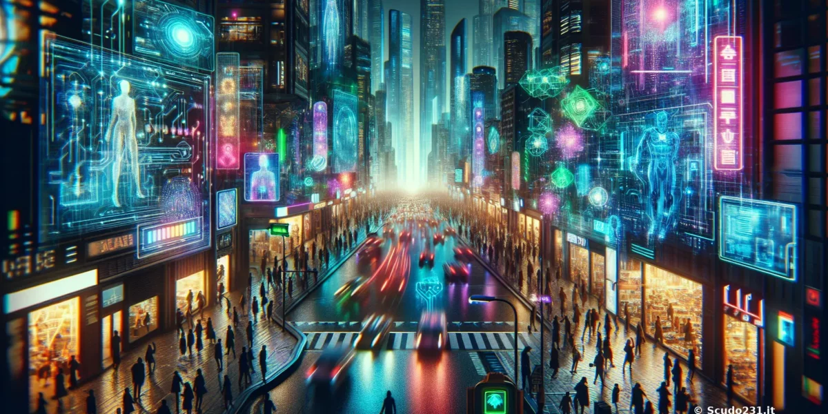 Scudo231 in una metropoli digitale con neon blu e luci futuristiche, scambi di dati su schermi olografici e flusso continuo di persone.