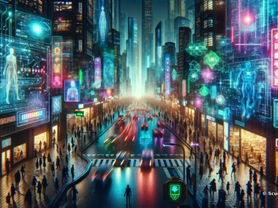 Scudo231 in una metropoli digitale con neon blu e luci futuristiche, scambi di dati su schermi olografici e flusso continuo di persone.