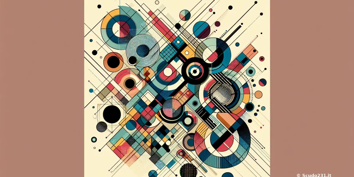 Composizione astratta multicolore con cerchi, quadrati e linee sottili su sfondo crema, con pattern geometrici che richiamano Scudo231 in evidenza.