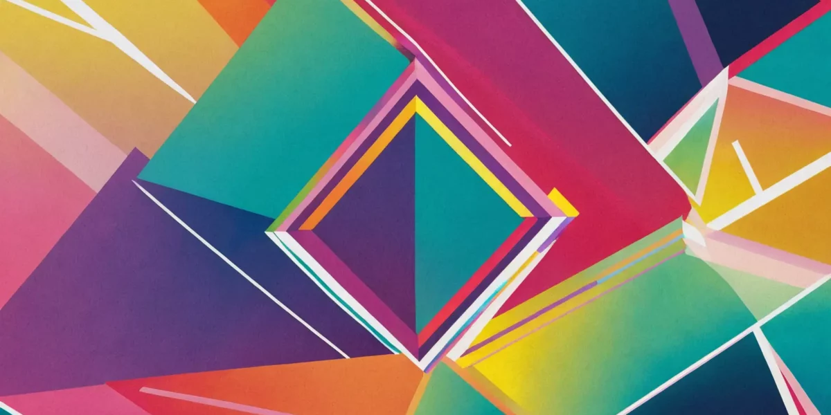 Composizione astratta con grandi forme geometriche sovrapposte in rosa, turchese, giallo e viola, attraversate da linee bianche nette.