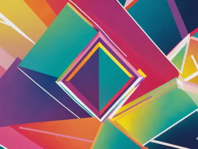 Composizione astratta con grandi forme geometriche sovrapposte in rosa, turchese, giallo e viola, attraversate da linee bianche nette.