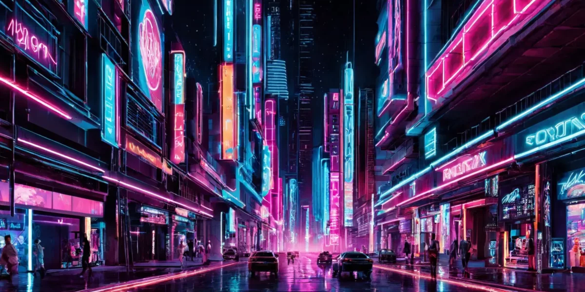 Una strada cittadina futuristica brilla di insegne neon rosa e azzurre, con auto e pedoni che attraversano il viale bagnato sotto grattacieli.