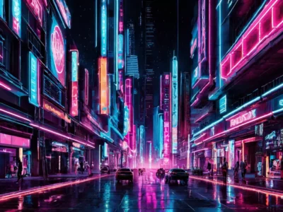 Una strada cittadina futuristica brilla di insegne neon rosa e azzurre, con auto e pedoni che attraversano il viale bagnato sotto grattacieli.