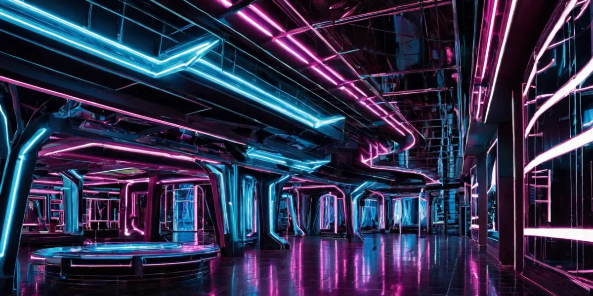 Interno futuristico Scudo231 con luci neon rosa e azzurre, superfici lucide e corridoi metallici che riflettono l’illuminazione.