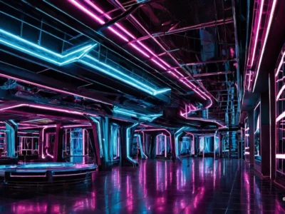 Interno futuristico Scudo231 con luci neon rosa e azzurre, superfici lucide e corridoi metallici che riflettono l’illuminazione.