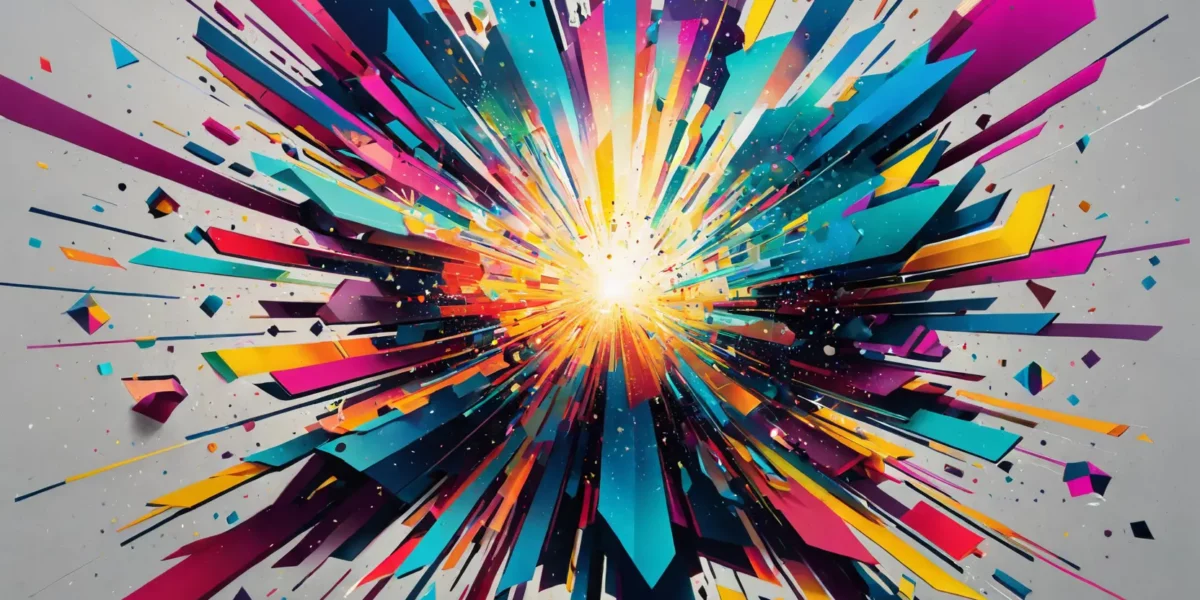 L'esplosione astratta di frammenti geometrici colorati irradia dal centro, con la firma Scudo231 in basso a destra e toni vivaci di ciano, rosa e giallo.