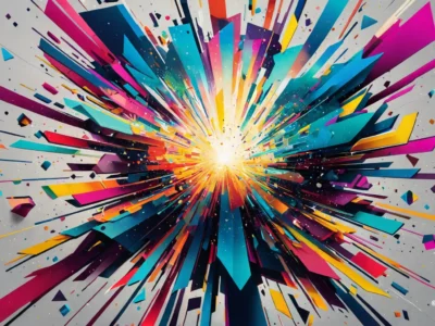 L'esplosione astratta di frammenti geometrici colorati irradia dal centro, con la firma Scudo231 in basso a destra e toni vivaci di ciano, rosa e giallo.
