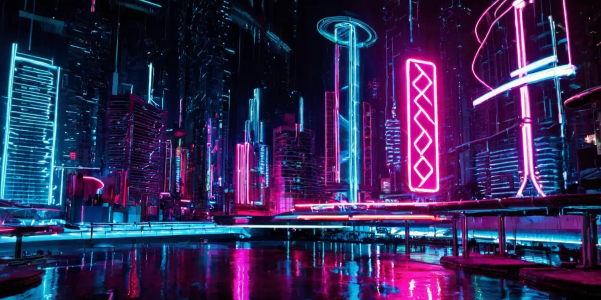 Una città cyberpunk illuminata da insegne neon fucsia e azzurre si riflette sul pavimento bagnato tra grattacieli oscuri e forme futuristiche.