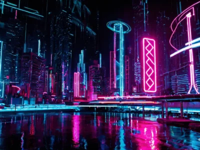 Una città cyberpunk illuminata da insegne neon fucsia e azzurre si riflette sul pavimento bagnato tra grattacieli oscuri e forme futuristiche.