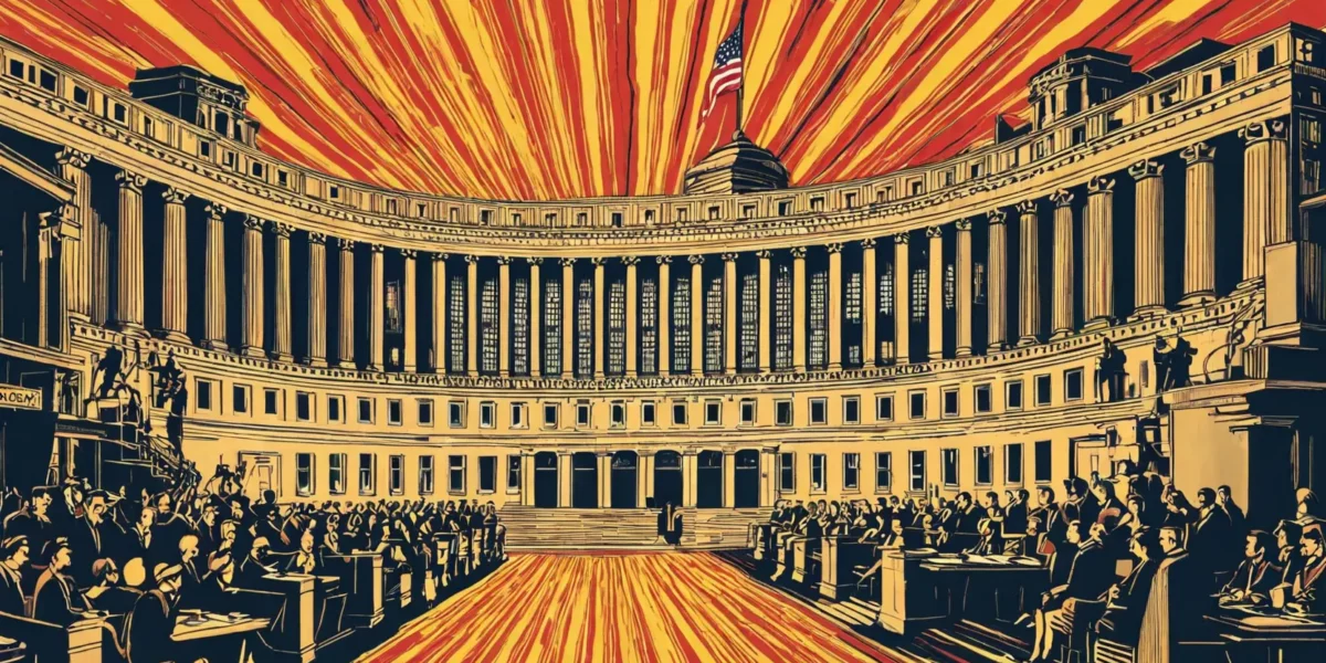 L'edificio del Campidoglio degli Stati Uniti con una folla riunita sotto un cielo rosso e giallo a raggi, con la bandiera americana sulla cupola.