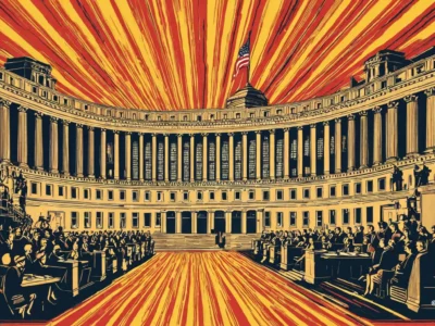 L'edificio del Campidoglio degli Stati Uniti con una folla riunita sotto un cielo rosso e giallo a raggi, con la bandiera americana sulla cupola.