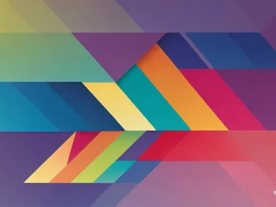 Motivi geometrici sovrapposti in viola, blu, turchese, giallo e rosa creano una composizione astratta dinamica e luminosa su sfondo sfumato.