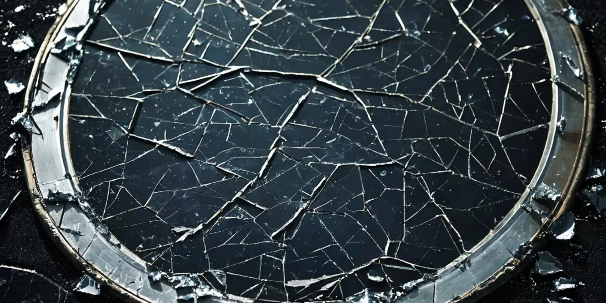 Superficie circolare nera con una fitta rete di crepe e schegge, incorniciata da un bordo metallico lucido e da frammenti sparsi attorno.