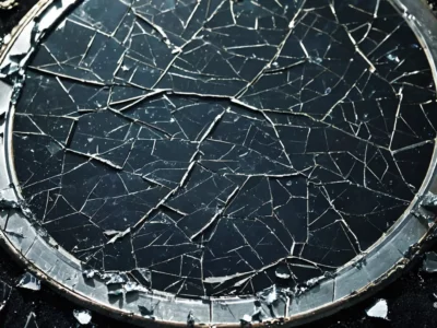 Superficie circolare nera con una fitta rete di crepe e schegge, incorniciata da un bordo metallico lucido e da frammenti sparsi attorno.