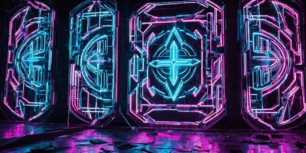 Lettere al neon rosa e azzurre formano un logo futuristico su una parete scura, con pavimento lucido che riflette i colori vivaci.