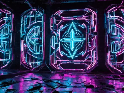 Lettere al neon rosa e azzurre formano un logo futuristico su una parete scura, con pavimento lucido che riflette i colori vivaci.