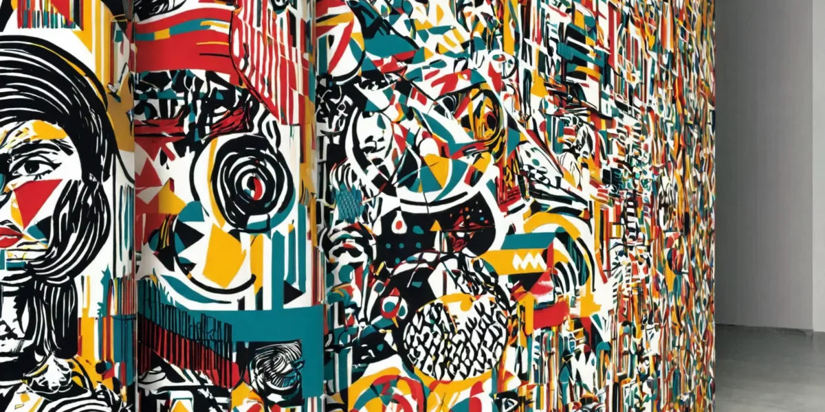 Una parete con murale astratto e volti stilizzati in colori vivaci, tra segni grafici neri, rossi, gialli e turchesi in un interno moderno.