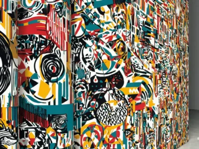 Una parete con murale astratto e volti stilizzati in colori vivaci, tra segni grafici neri, rossi, gialli e turchesi in un interno moderno.