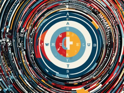 Cerchi concentrici multicolori avvolgono un logo centrale astratto, con lettere sovrapposte e un effetto grafico dinamico in stile digitale.