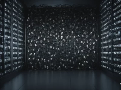 Una sala data center scura mostra rack server illuminati ai lati e una parete centrale di cavi con volti metallici.