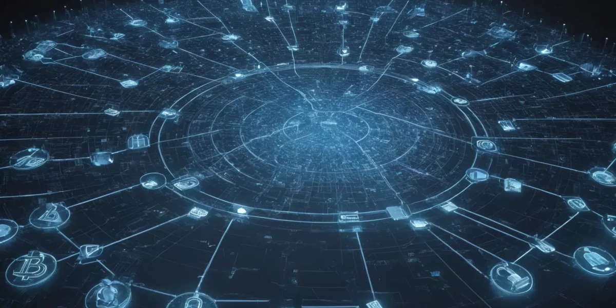 Una rete digitale blu si irradia in cerchi concentrici con icone di sicurezza, dati e criptovalute collegate da linee luminose.