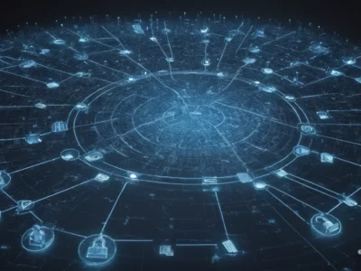 Una rete digitale blu si irradia in cerchi concentrici con icone di sicurezza, dati e criptovalute collegate da linee luminose.