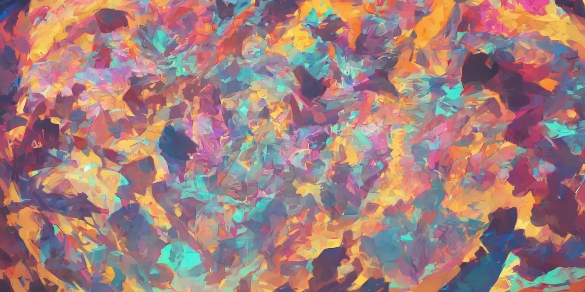 Composizione astratta multicolore con pennellate vivaci in rosa, arancione, turchese e viola su tutta la superficie.