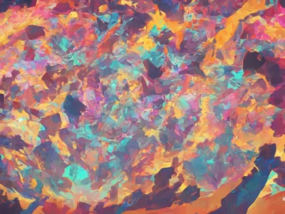 Composizione astratta multicolore con pennellate vivaci in rosa, arancione, turchese e viola su tutta la superficie.