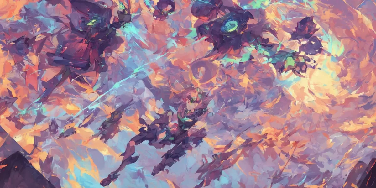 Composizione astratta con forme viola, rosa e azzurre che si intrecciano in un vortice luminoso dal forte ritmo visivo.
