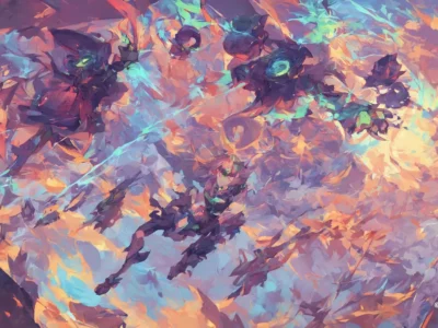 Composizione astratta con forme viola, rosa e azzurre che si intrecciano in un vortice luminoso dal forte ritmo visivo.