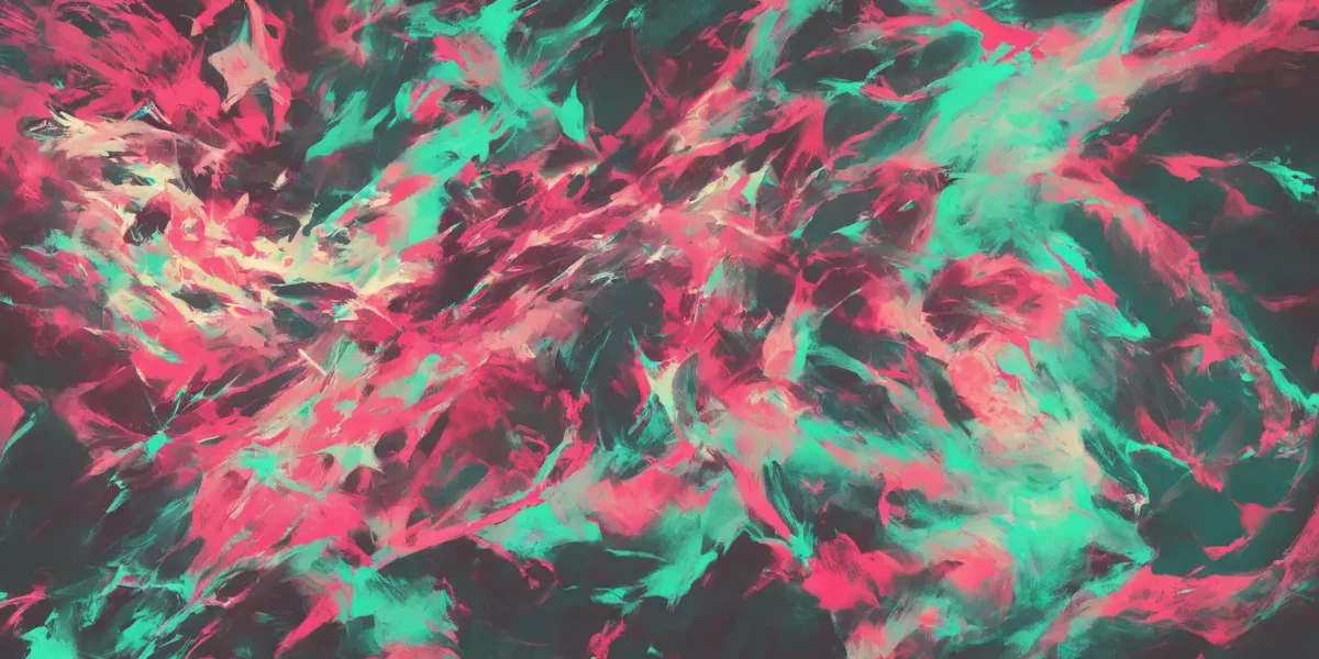 Astratti filamenti rosa e turchese si intrecciano su sfondo scuro, creando un movimento fluido e vibrante.