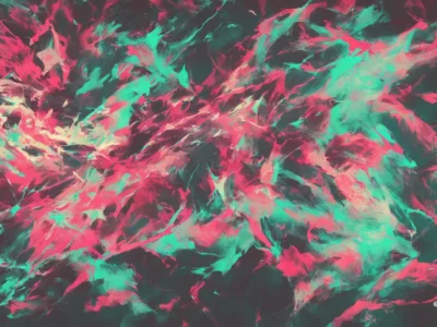 Astratti filamenti rosa e turchese si intrecciano su sfondo scuro, creando un movimento fluido e vibrante.