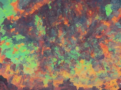 Pennellate astratte in verde, arancio e viola si intrecciano in una composizione vibrante, con il marchio Scudo231 visibile nell'angolo.