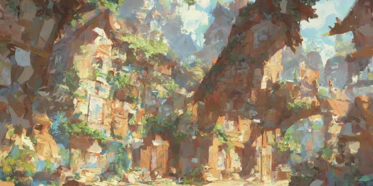 Un villaggio montano dipinto in stile pittorico mostra case arroccate tra scogliere, vegetazione sospesa e luce calda sotto un cielo luminoso.