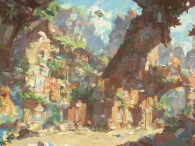 Un villaggio montano dipinto in stile pittorico mostra case arroccate tra scogliere, vegetazione sospesa e luce calda sotto un cielo luminoso.
